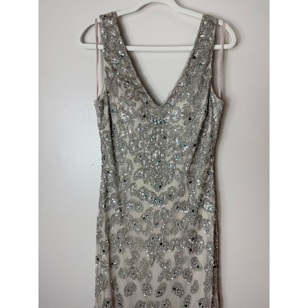AIDAN MATTOX DRESS GOWN SILVER GREEN SEQUINS WEDDING GUEST DRESS EVENING FORMAL - Picture 5 of 12